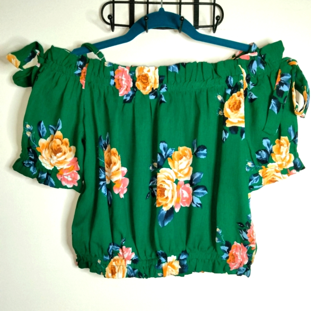 Iris (Size M) Green & Multicolored Floral Off-Shoulder Short Sleeves Cropped Top